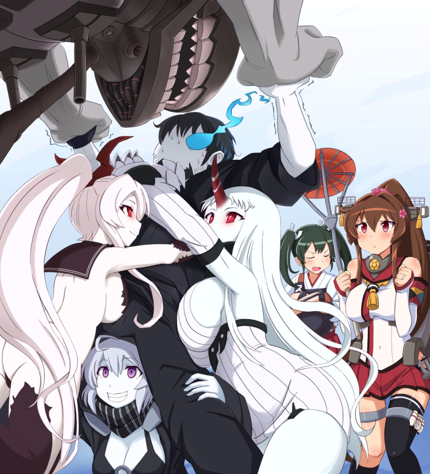 5girls aircraft_carrier_hime artist_self-insert bare_shoulders bikini_top breasts brown_hair claws closed_eyes detached_sleeves green_hair highres hood horn japanese_clothes kantai_collection large_breasts long_hair multiple_girls pale_skin re-class_battleship red_eyes ribbed_dress seaport_hime shin'en_(gyokuro_company) shinkaisei-kan short_hair silver_hair smile thigh-highs torn_clothes twintails underwear violet_eyes yamato_(kantai_collection) zuikaku_(kantai_collection)