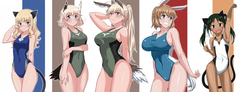 5girls alternate_hairstyle animal_ears arm_behind_back arm_behind_head arm_up bangs bird_tail blonde_hair blue_eyes blunt_bangs blush breasts bunny_tail cat_ears cat_tail charlotte_e_yeager cleavage collarbone competition_swimsuit covered_navel cowboy_shot eyebrows fang flat_chest flying_sweatdrops francesca_lucchini glasses grin hair_up hanna-justina_marseille head_wings highres huge_breasts large_breasts long_hair maru_(maruttona) multiple_girls one-piece_swimsuit open_mouth outline perrine_h_clostermann ponytail rabbit_ears raisa_pottgen short_hair sideboob smile strike_witches swimsuit tail taut_clothes taut_swimsuit twintails yellow_eyes
