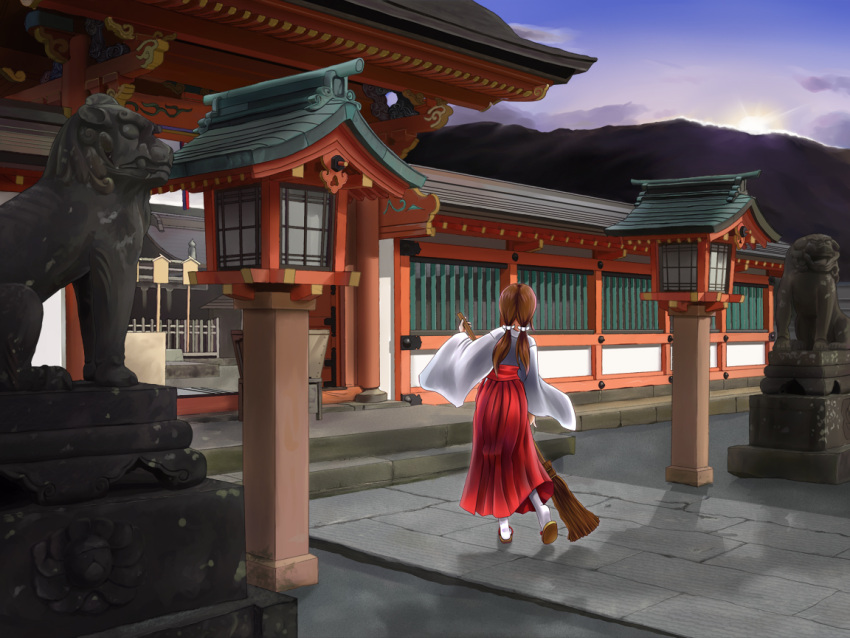 1girl broom brown_hair japanese_clothes landscape lantern miko original shrine solo statue sun sweeping twintails wallpaper yomito