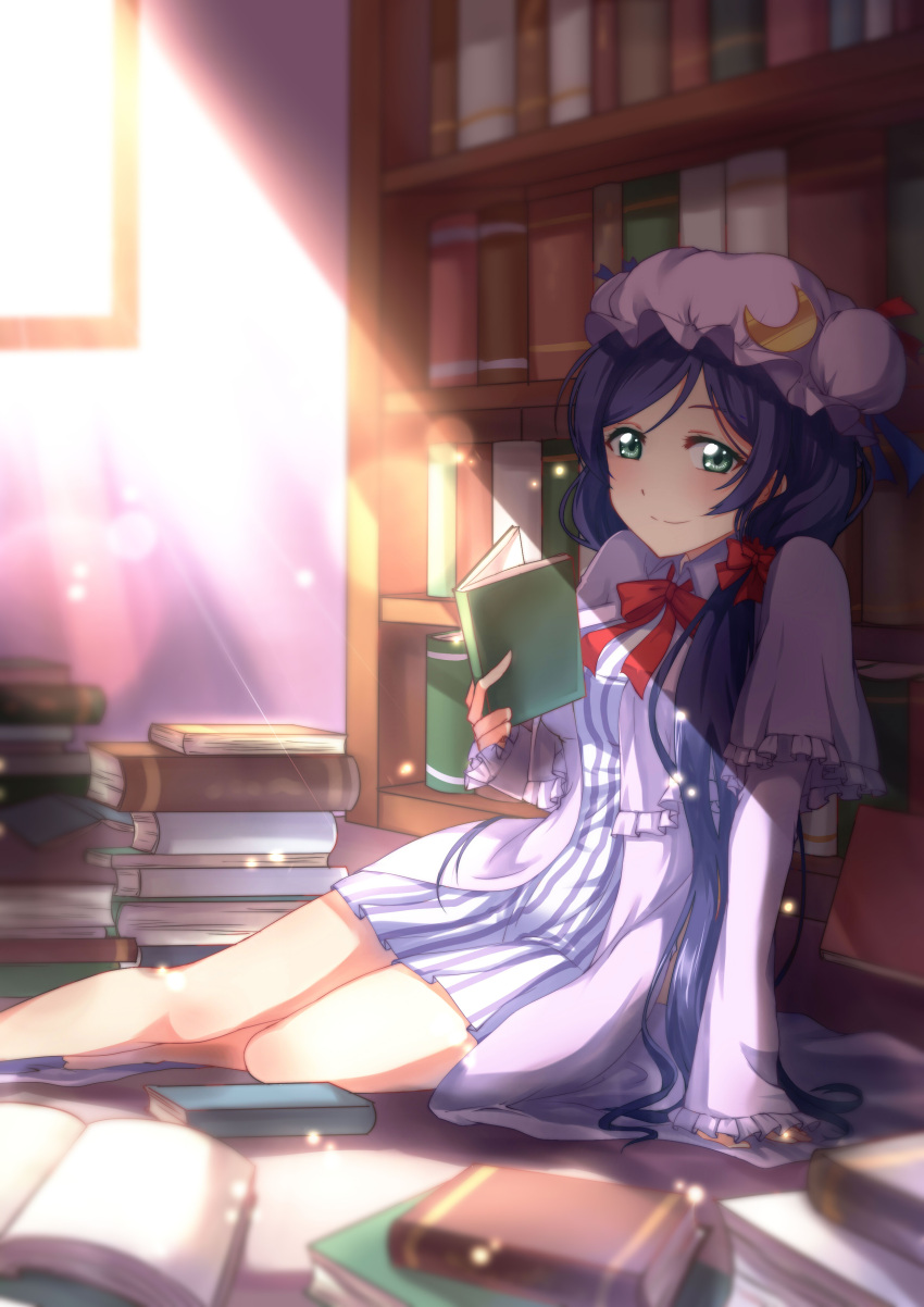 absurdres book bow cosplay crescent gogatsu_fukuin green_eyes hair_bow hat highres long_hair love_live!_school_idol_project patchouli_knowledge patchouli_knowledge_(cosplay) purple_hair smile touhou toujou_nozomi