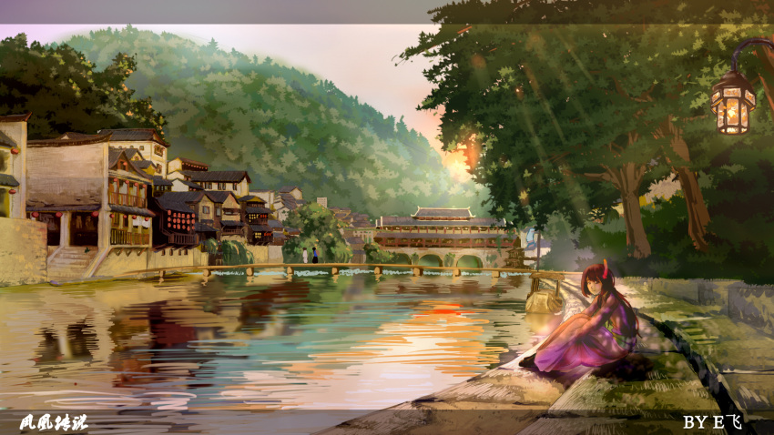 3girls architecture bridge east_asian_architecture forest full_body highres japanese_clothes kimono lamp leg_hug letterboxed light_rays looking_at_viewer looking_to_the_side lucario763 multiple_girls nature original reflection scenery sitting solo_focus sunlight tree wallpaper water