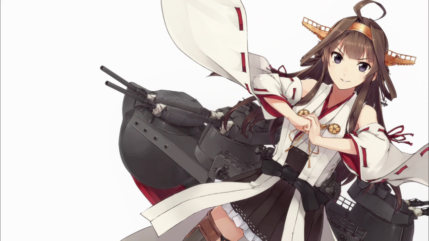 1girl ahoge brown_hair detached_sleeves fist_in_hand hair_bun headgear highres japanese_clothes kantai_collection kongou_(kantai_collection) konishi_(koconatu) machinery nontraditional_miko official_art screencap turret violet_eyes
