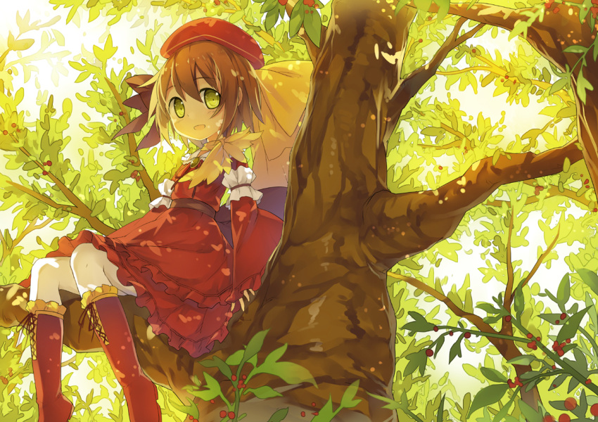 1girl :d brown_hair dress fred04142 green_eyes hat leaf looking_at_viewer open_mouth original red_dress short_hair sitting smile solo tree tree_branch
