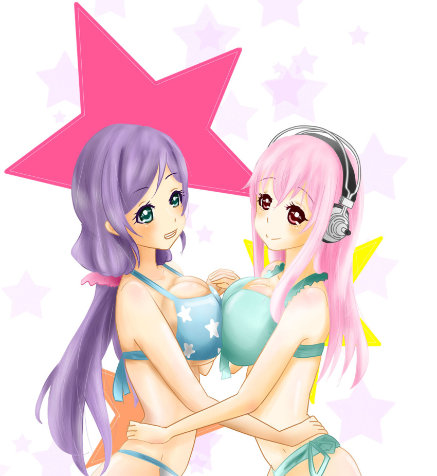 2girls bikini blush breast_press breasts cleavage green_eyes hand_on_another's_hip headphones highres holding_hands interlocked_fingers large_breasts long_hair looking_at_viewer love_live!_school_idol_project midriff multiple_girls nitroplus pink_hair purple_hair red_eyes smile super_sonico swimsuit symmetrical_docking toujou_nozomi twintails