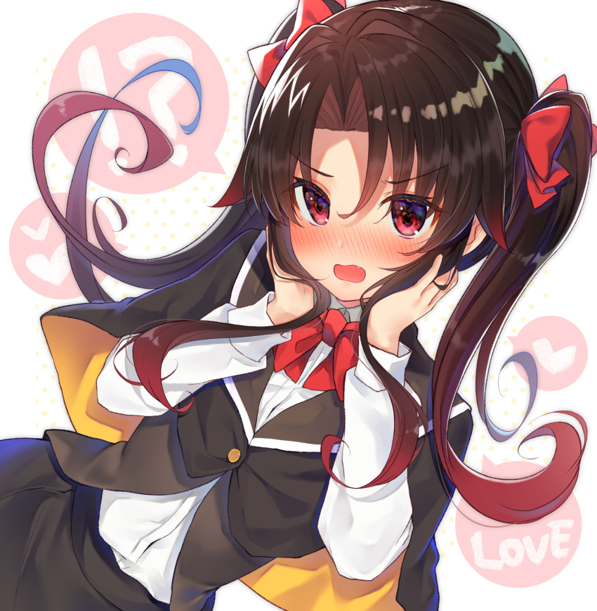 !? 1girl bangs black_cape black_skirt black_vest blush bow brown_hair cape collared_shirt commentary_request dress_shirt english_text eyebrows_visible_through_hair fang gradient_hair gyozanuko hair_between_eyes hair_bow hands_on_own_face hands_up heart heart-shaped_pupils highres multicolored multicolored_cape multicolored_clothes multicolored_hair nose_blush open_mouth orange_cape red_bow red_eyes redhead ryuuou_no_oshigoto! shirt skirt solo spoken_heart spoken_interrobang symbol-shaped_pupils twintails vest white_background white_shirt yashajin_ai