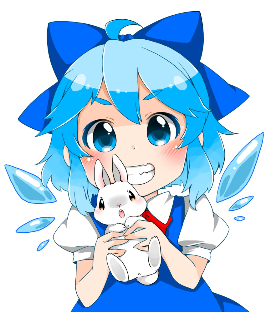 1girl ahoge berry_jou blue_dress blue_eyes blue_hair bow bust cirno dress grin hair_bow highres ice ice_wings looking_at_viewer puffy_short_sleeves puffy_sleeves rabbit shirt short_sleeves smile solo touhou wings