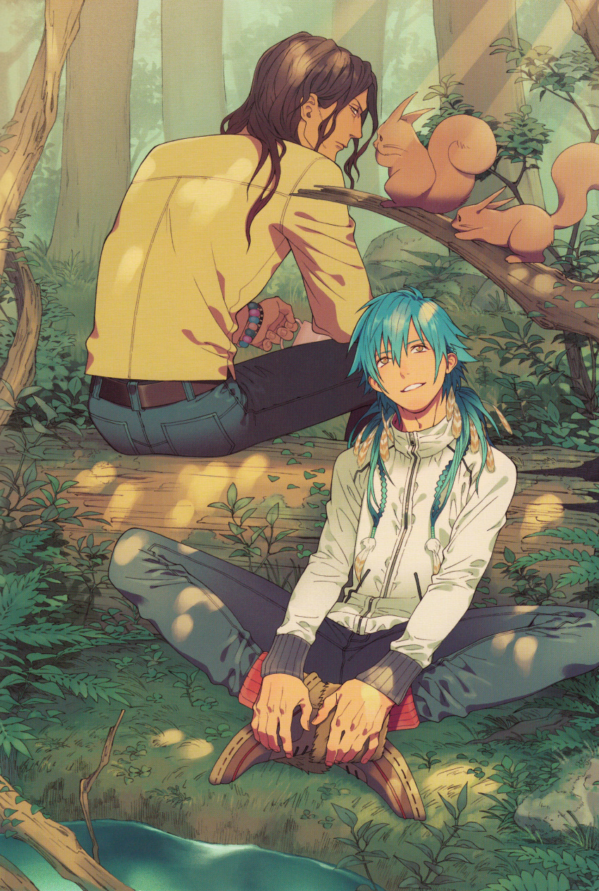 2boys absurdres alternate_costume alternate_hairstyle blue_hair brown_hair crossed_legs dramatical_murder feathers forest hair_feathers highres honya_lala log mink_(dramatical_murder) multiple_boys nature official_art scan seragaki_aoba sitting smile squirrel tree