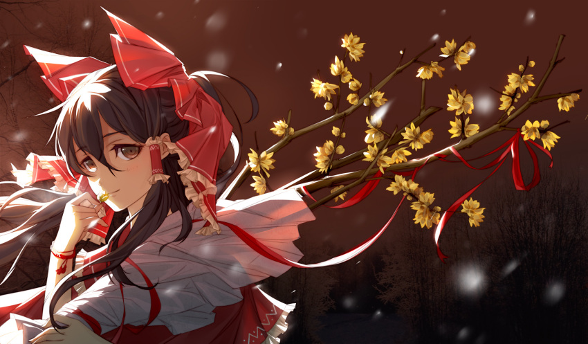 1girl bow bracelet brown_eyes brown_hair bust forest hair_bow hair_tubes hakurei_reimu highres igneous25 jewelry nature ribbon smelling_flower solo touhou twig