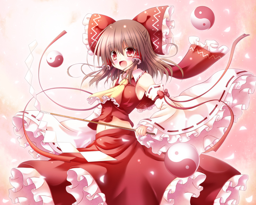1girl ascot bare_shoulders bow brown_hair commentary_request detached_sleeves frilled_bow frilled_skirt frilled_sleeves frills gohei hair_bow hair_tubes hakurei_reimu long_hair long_sleeves midriff navel open_mouth osashin_(osada) petals red_eyes shirt skirt skirt_set smile solo touhou wide_sleeves yin_yang