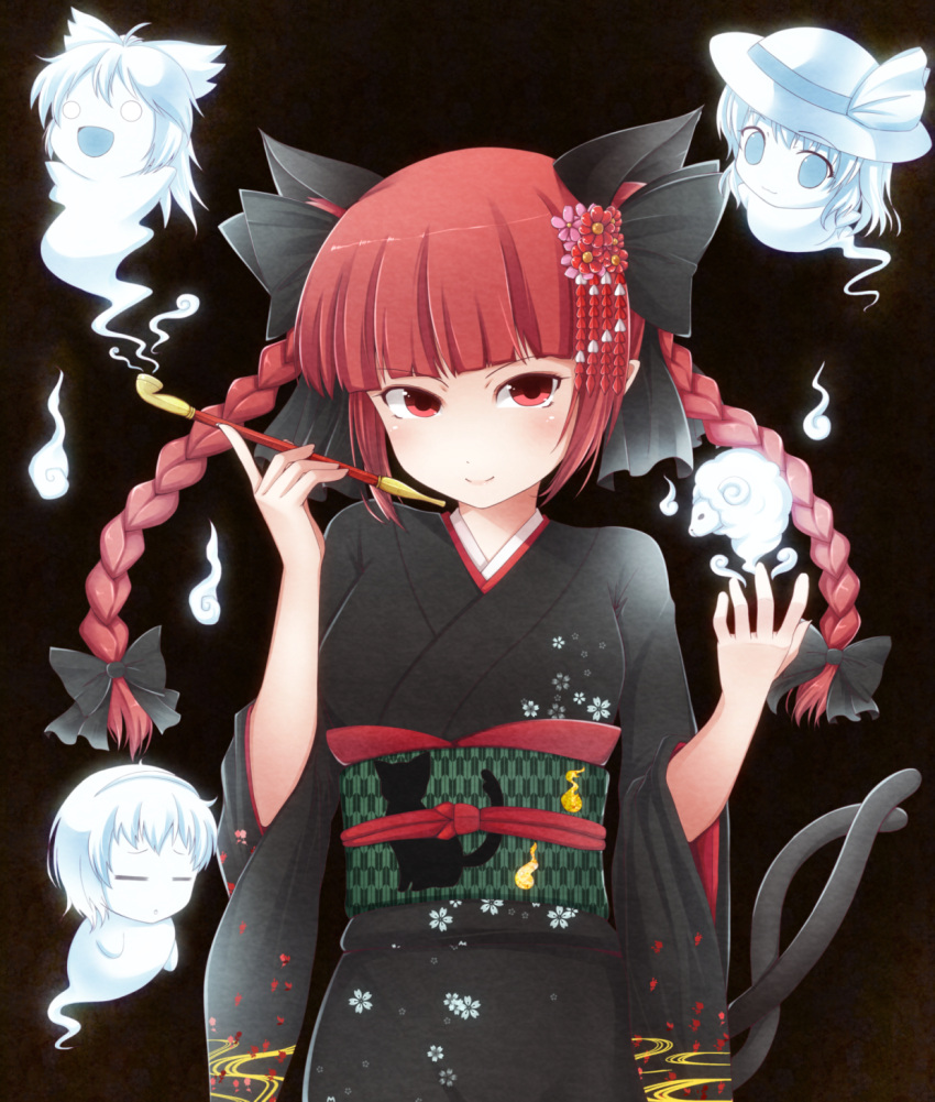 1girl alternate_costume animal_ears blush bow braid cat_ears cat_tail extra_ears ghost hair_bow hair_ornament highres hitodama japanese_clothes k-sk_style kaenbyou_rin kimono kiseru long_hair looking_at_viewer multiple_tails obi pipe pointy_ears red_eyes redhead sash smile solo tail touhou twin_braids