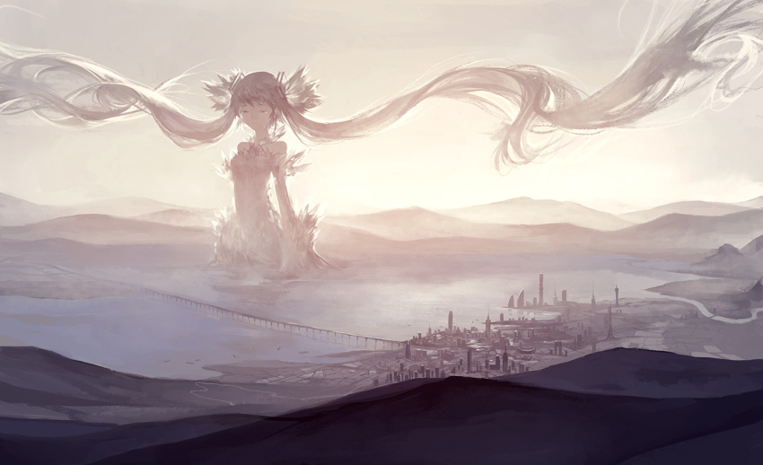 1girl absurdly_long_hair bare_shoulders bridge city cityscape closed_eyes detached_collar giantess hatsune_miku hill horizon kklaji008 landscape long_hair partially_submerged river scenery sky solo sunlight sunset twintails very_long_hair vocaloid water