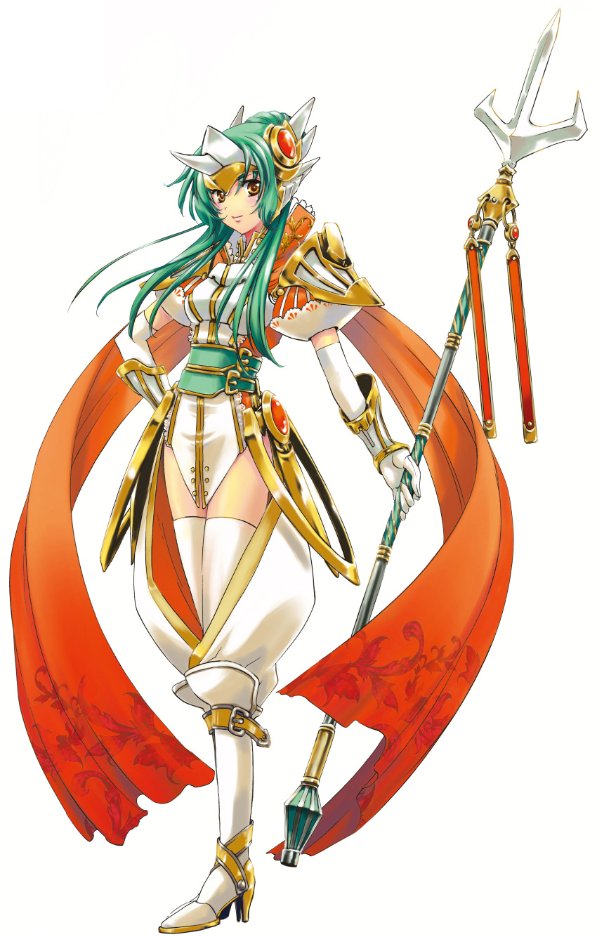 1girl absurdres armor blush boots buckle cape chaps dress ear_protection elbow_gloves elincia_ridell_crimea fantasy faulds fire_emblem fire_emblem:_akatsuki_no_megami fire_emblem:_kakusei forehead_protector full_body gem gloves green_hair hand_on_hip high_collar high_heel_boots high_heels highres horned_headwear knee_boots light_smile long_hair looking_at_viewer obi official_art orange_eyes pauldrons payot polearm puffy_short_sleeves puffy_sleeves sash shikidouji short_dress short_sleeves simple_background smile solo thigh-highs trident vambraces weapon white_background white_gloves zettai_ryouiki