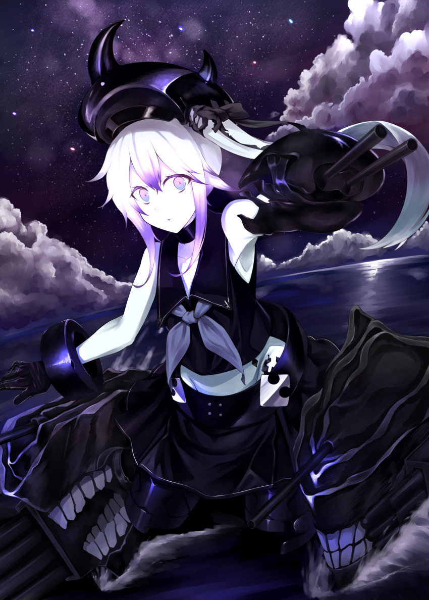 1girl :o amputee arm_cannon bare_shoulders black_gloves black_skirt bow choker clouds collarbone crop_top destroyer_hime double_amputee gloves hair_bow hat highres horns kantai_collection long_hair night night_sky open_mouth paka school_uniform serafuku shinkaisei-kan side_ponytail skirt sky sleeveless solo star_(sky) turret violet_eyes water weapon white_hair