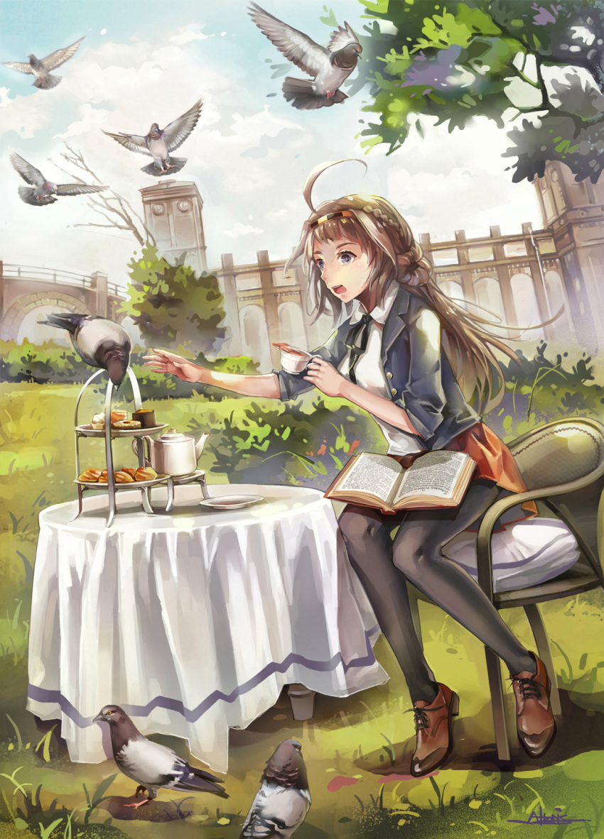 1girl alternate_costume altoris_(scee) artist_name bird black_legwear blue_eyes blush book breasts bridge brown_hair building chair clock clock_tower clouds cup double_bun grass hair_ornament hairband headgear highres jacket kantai_collection kongou_(kantai_collection) long_hair neckerchief necktie open_mouth outdoors pantyhose pastry pigeon plate revision school_uniform shoes sitting skirt sky table tablecloth teacup teapot tiered_tray tower tree