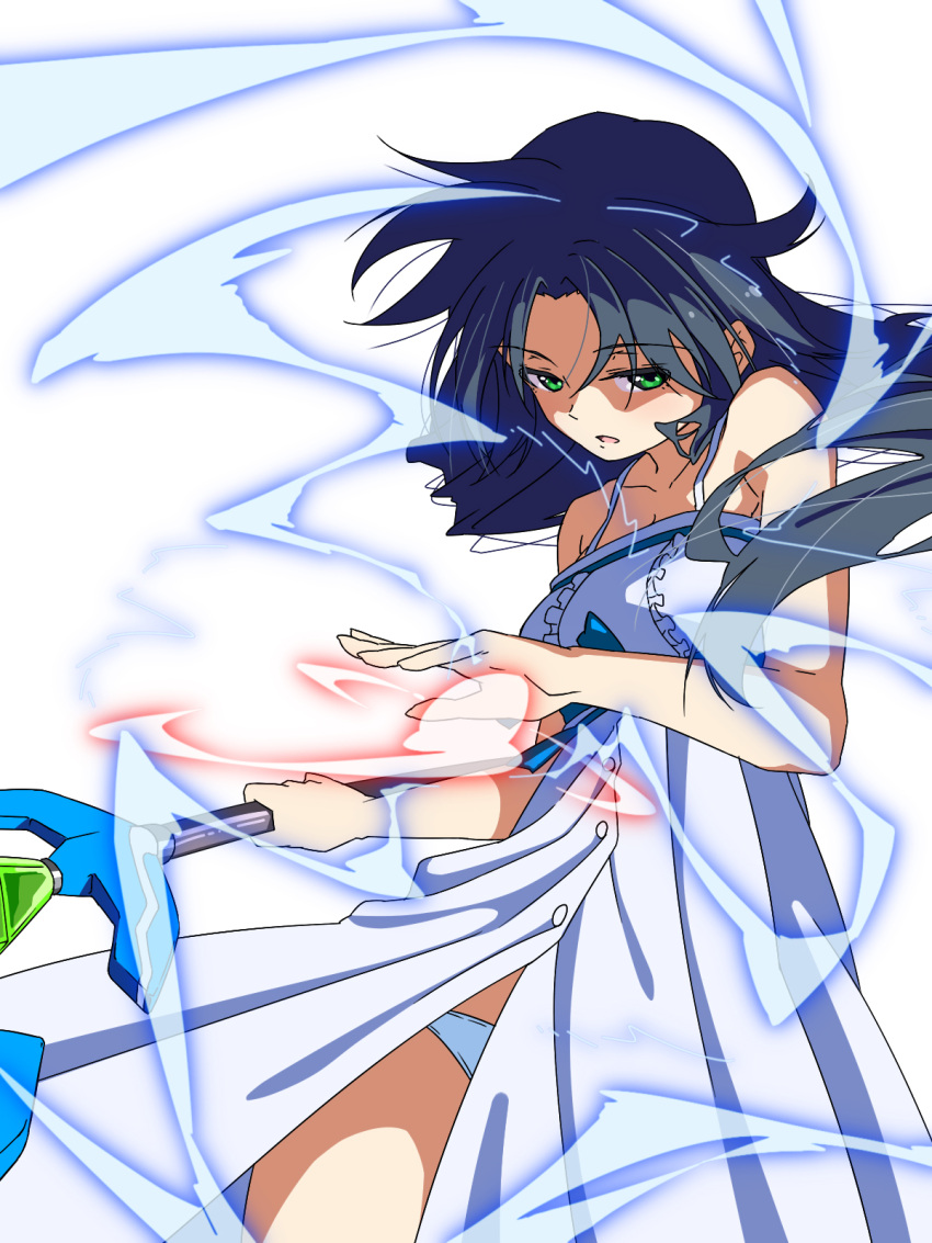1girl aura bare_shoulders dress energy frills half-closed_eyes highres kutuna_haruka long_hair magical_girl open_clothes panties pantyshot shaded_face simple_background solo stampede_xm underwear vanguard_princess wand