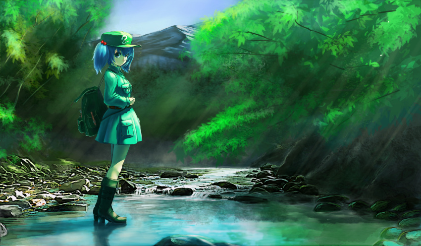 1girl absurdres backpack bag belt blue_eyes blue_hair blue_sky boots dress forest from_side full_body hair_bobbles hair_ornament hat high_heel_boots high_heels highres kawashiro_nitori knee_boots leaf light_rays long_sleeves looking_at_viewer mountain nature plant pocket reflection river rock scenery shirt short_hair skirt skirt_set sky solo standing stone sunbeam sunlight touhou tree twintails