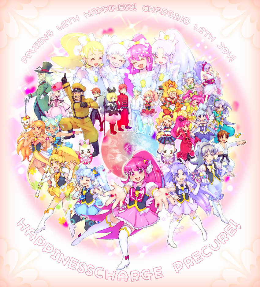 6+boys 6+girls :d aino_megumi alternate_form anmitsu_komachi antennae arabian_clothes beret black_gloves blonde_hair blue_(happinesscharge_precure!) blue_eyes blue_hair blue_skirt blush boots bow brooch brown_eyes brown_hair cheerleader cherry_flamenco choker coconut_samba crown cure_fortune cure_honey cure_lovely cure_mirage cure_princess cure_sunset cure_tender cure_wave detached_sleeves double_bun dress earrings elbow_gloves english everyone eyelashes flower formal fortune_tambourine frills gloves green_eyes green_hair gurasan_(happinesscharge_precure!) haidoro hair_bow hair_bun hair_flower hair_ornament hair_ribbon happinesscharge_precure! hat heart_hair_ornament highres hikawa_iona hikawa_maria hosshiwa innocent_form_(happinesscharge_precure!) japanese_clothes jewelry knee_boots lollipop_hip_hop long_hair looking_at_viewer macadamia_hula_dance magical_girl multiple_boys multiple_girls namakeruda ohana_(happinesscharge_precure!) oomori_yuuko open_mouth orange_hair oresky orina_(happinesscharge_precure!) outstretched_arms pants pantyhose phantom_(happinesscharge_precure!) pine_arabian pink_eyes pink_hair pink_skirt ponytail popcorn_cheer precure purple_hair queen_mirage red_(happinesscharge_precure!) red_dress red_eyes red_rose redhead ribbon ribbon_(happinesscharge_precure!) ringlets rose sagara_seiji samba sherbet_ballet shirayuki_hime short_hair skirt smile striped striped_legwear suit text thigh-highs time_paradox top_hat twintails uniform very_long_hair violet_eyes white_gloves white_legwear wrist_cuffs yellow_eyes yellow_skirt zettai_ryouiki