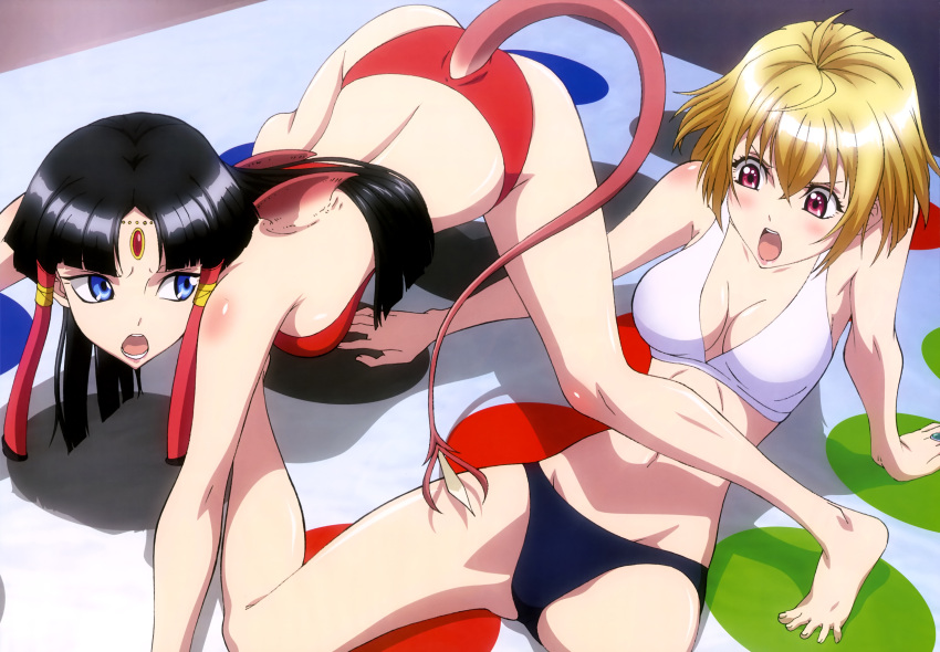 2girls absurdres angelise_ikaruga_misurugi black_hair blue_eyes breasts cleavage cross_ange feet highres legs multiple_girls official_art open_mouth red_eyes sala_(cross_ange) short_hair tail twister