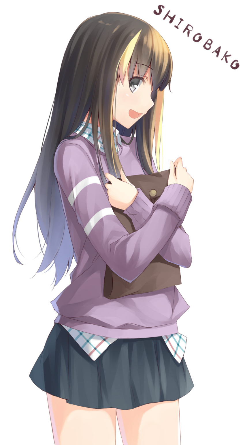 1girl :d andou_tsubaki black_hair blonde_hair copyright_name folder grey_eyes highlights highres holding leyte long_hair long_sleeves looking_at_viewer multicolored_hair open_mouth plaid plaid_shirt shirobako simple_background skirt smile solo sweater white_background