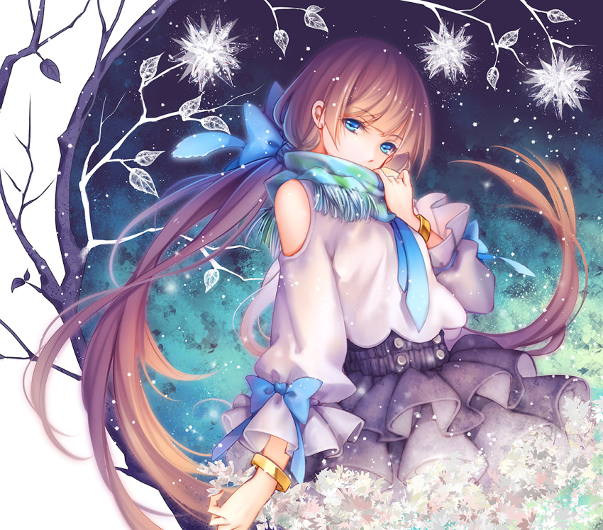 1girl blue_eyes bow brown_hair hidden_mouth leaf long_hair looking_at_viewer necktie original scarf solo tidsean tree twintails very_long_hair wristband