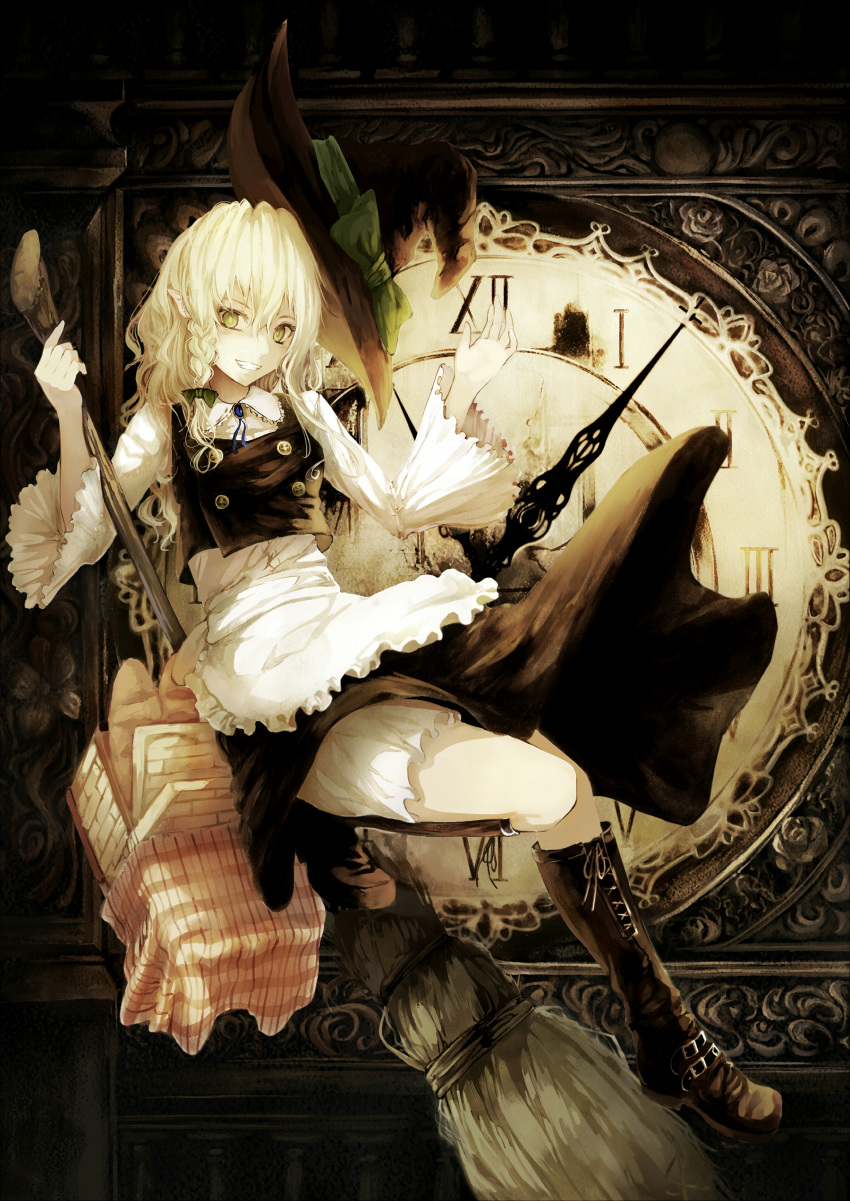1girl absurdres apron blonde_hair boots bow braid brooch broom clock cross-laced_footwear full_body grin hat hat_bow highres jebura jewelry kirisame_marisa knee_boots long_hair long_sleeves looking_at_viewer roman_numerals single_braid smile solo touhou vest waist_apron witch_hat yellow_eyes