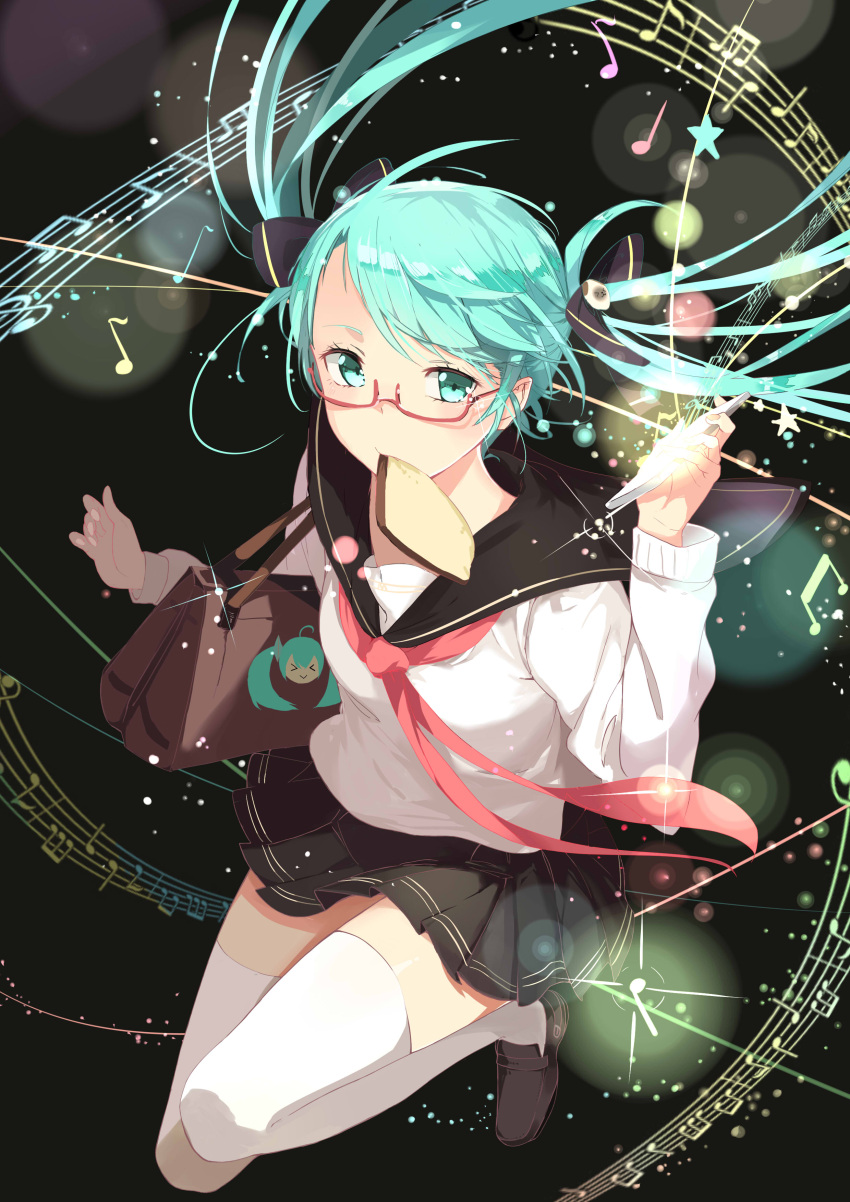 1girl absurdres aqua_eyes aqua_hair bag bespectacled floating_hair glasses hatsune_miku highres loafers mouth_hold musical_note pleated_skirt school_uniform serafuku shingetsu_mk shoes skirt solo thigh-highs twintails vocaloid