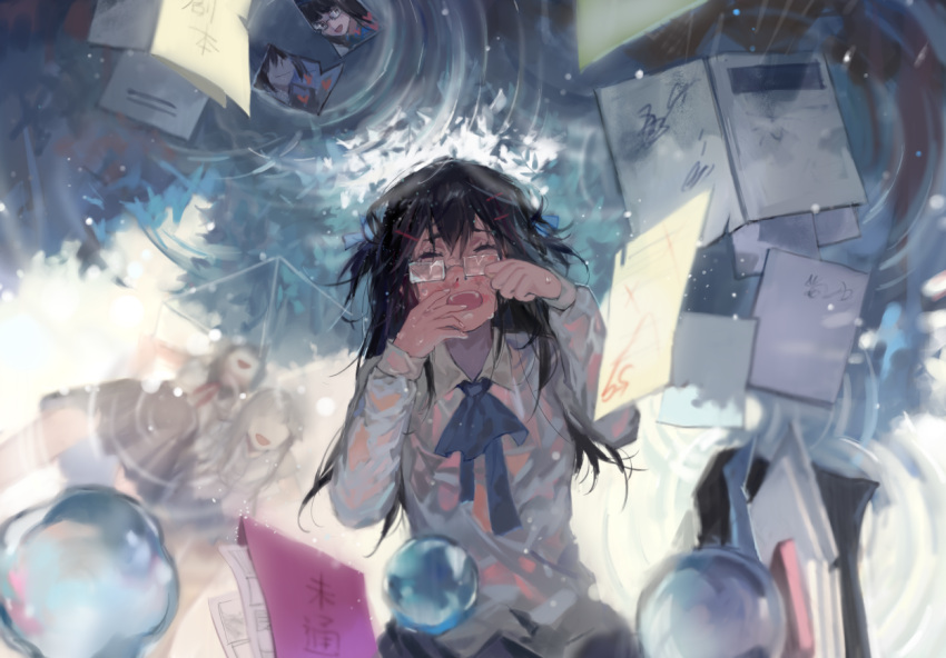 1boy 3girls abstract blood blood_on_face brown_hair closed_eyes crying folder glasses hair_ornament hairclip heart light_particles messy_hair multiple_girls no_eyes open_mouth original paper photo_(object) ripples sad tang_elen