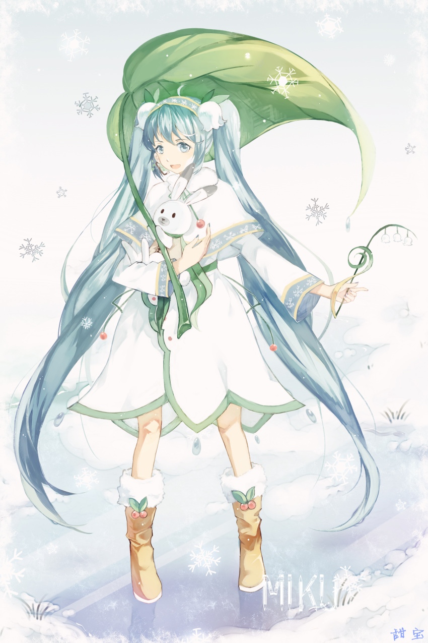 1girl absurdres ahoge aqua_eyes aqua_hair artist_name boots character_name giant_leaf hatsune_miku headset highres long_hair open_mouth rabbit snowdrop_(flower) snowflakes solo twintails very_long_hair vocaloid yuki_miku