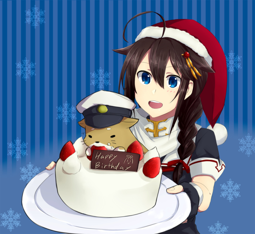 1girl :d ahoge animal black_gloves black_serafuku blue_eyes braid brown_hair cake christmas eating fingerless_gloves food fruit gloves hair_flaps hair_ornament happy_birthday hat kairoushu_(dones01127) kantai_collection open_mouth plate santa_hat scarf school_uniform serafuku shigure_(kantai_collection) single_braid smile strawberry white_scarf