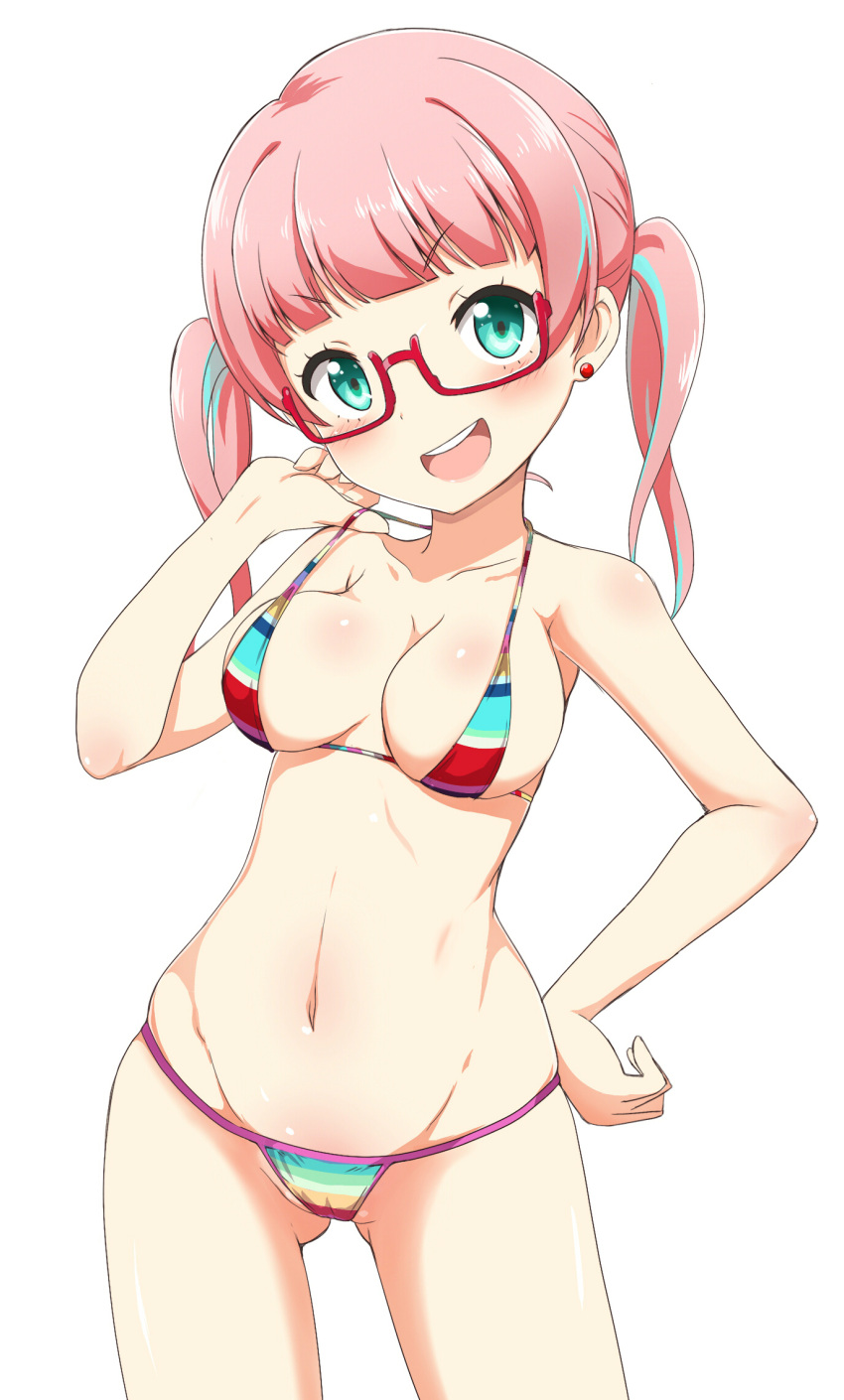 1girl aqua_eyes aqua_hair bikini blush breasts cleavage earrings glasses hand_on_hip highres itamochi jewelry large_breasts looking_at_viewer midriff mound_of_venus multicolored_hair navel open_mouth pink_hair rainbow rokusaki_coney smile solo swimsuit tokyo_7th_sisters twintails