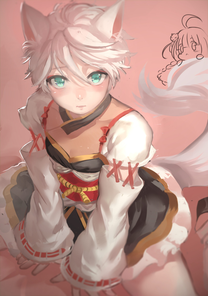 1boy absurdres aldnoah.zero animal_ears ara_han ara_han_(cosplay) blush detached_sleeves dress elsword green_eyes highres looking_at_viewer male male_focus short_hair slaine_troyard solo tail trap white_hair