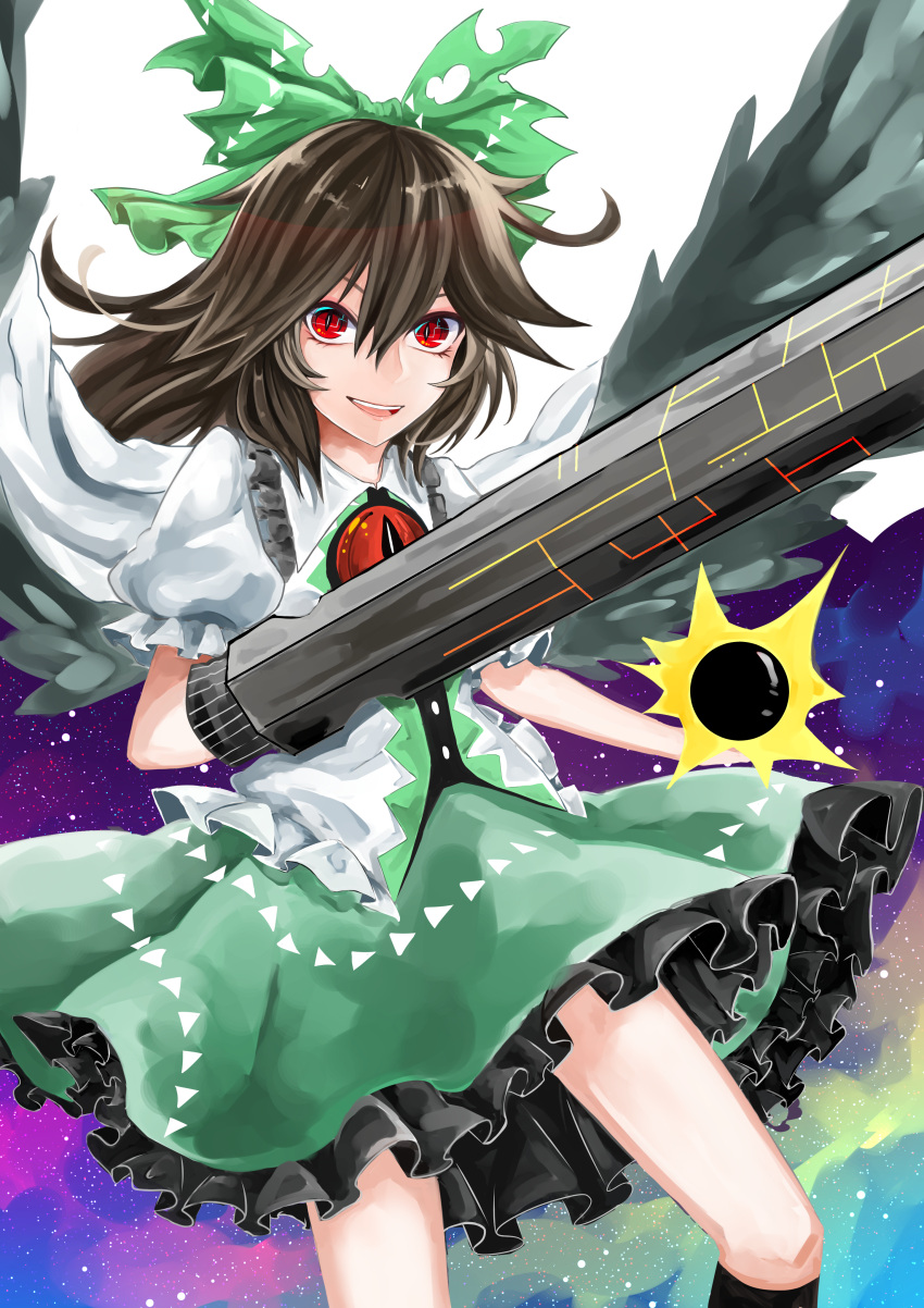 1girl absurdres arm_cannon black_hair black_wings bow cape collared_shirt cowboy_shot energy_ball feathered_wings frilled_skirt frills green_skirt hair_bow highres ichinose_rom long_hair looking_at_viewer miniskirt open_mouth puffy_short_sleeves puffy_sleeves red_eyes reiuji_utsuho shirt short_sleeves skirt smile solo third_eye touhou weapon white_shirt wings