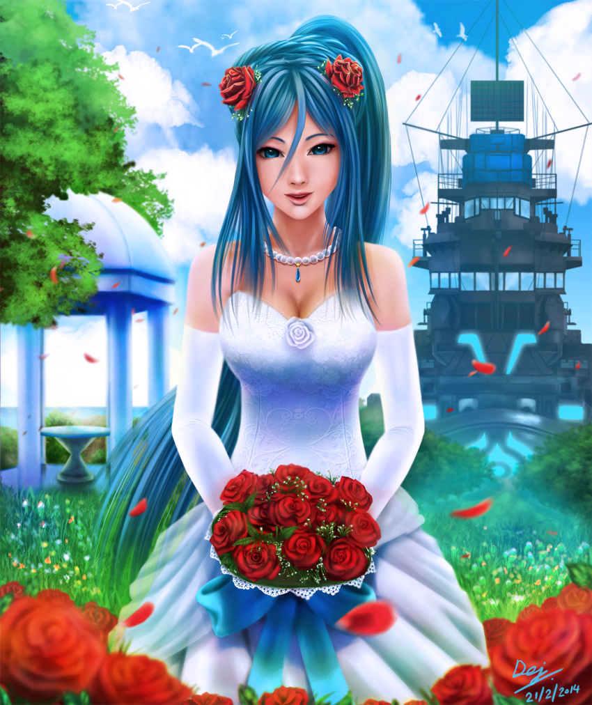 1girl :d aoki_hagane_no_arpeggio arpeggio_of_blue_steel bare_shoulders bird blue_eyes blue_hair blurry bouquet breasts cleavage dej_(shiori2525) depth_of_field dress elbow_gloves field flower flower_field flower_on_head gloves highres jewelry looking_at_viewer necklace open_mouth petals realistic rose seagull smile solo takao_(aoki_hagane_no_arpeggio) tree warship wedding_dress white_dress white_gloves