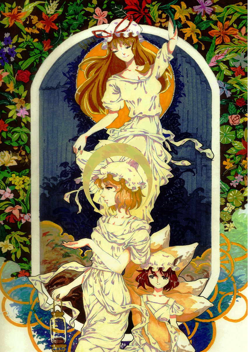 3girls absurdres alternate_costume animal_ears arm_up blonde_hair breasts brown_hair cat_ears chen closed_eyes collarbone colored_pencil_(medium) commentary_request crescent_moon dress floral_background flower fox_tail hand_up hat hat_ribbon highres lantern lips long_hair looking_afar looking_to_the_side mirror_(artist) mob_cap moon multiple_girls multiple_tails nose parody pen_(medium) puffy_short_sleeves puffy_sleeves ribbon rose short_hair short_sleeves skirt_hold sun tagme tail touhou traditional_media white_dress yakumo_ran yakumo_yukari