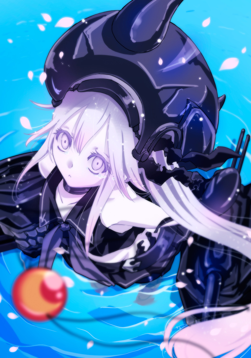 1girl :o bare_shoulders black_skirt choker collarbone colored_eyelashes crop_top destroyer_hime from_above hat highres horns kantai_collection long_hair looking_up open_mouth petals school_uniform serafuku shinkaisei-kan side_ponytail skirt sleeveless solo tsukineko turret very_long_hair violet_eyes water white_hair white_skin