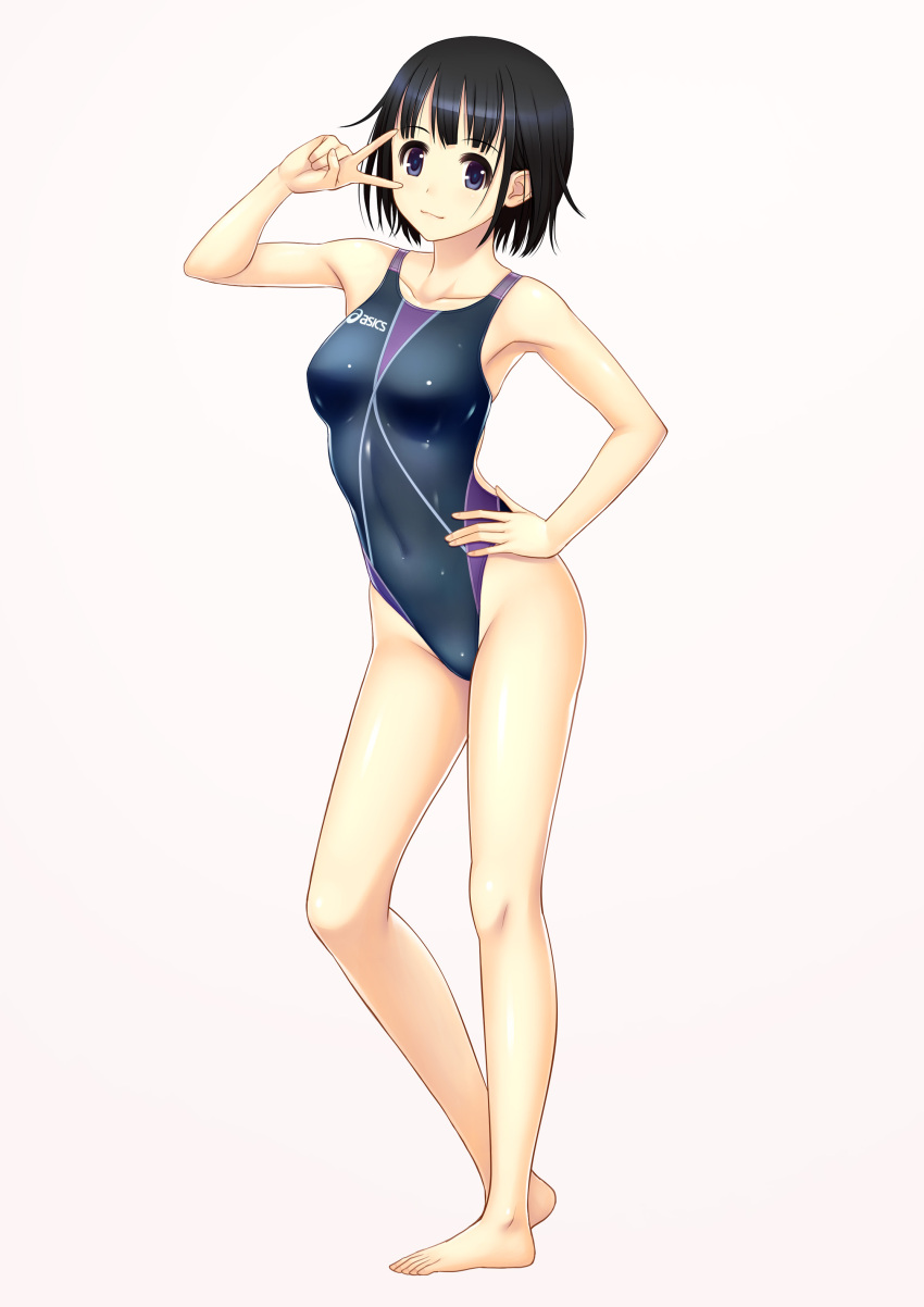 1girl absurdres asics bare_legs barefoot black_eyes black_hair breasts collarbone competition_swimsuit covered_navel hand_on_hip highres kuri_(kurigohan) looking_at_viewer one-piece_swimsuit original short_hair solo standing swimsuit v_over_eye
