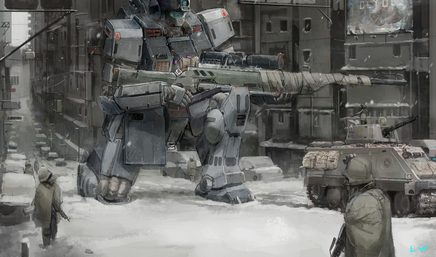 assault_rifle building cape car caterpillar_tracks city gun gundam helmet military military_uniform military_vehicle motor_vehicle rifle road scenery signature sniper_rifle snow soldier street uniform vehicle weapon yi_gesang