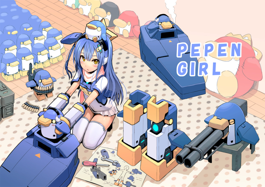 1girl armor blue_hair blueprint boots boots_removed bullet cigarette cosmic_break dress earmuffs gun hair_ornament highres long_hair looking_at_viewer mascot mecha open_mouth pepen room scar scarf screwdriver side_ponytail sitting sitting_on_head sitting_on_person smoking stuffed_toy tagme thigh-highs weapon wooden_floor wrench yellow_eyes