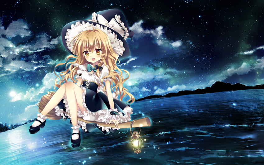 1girl adapted_costume black_dress blonde_hair bloomers bow braid broom broom_riding clouds corset dress frilled_dress frilled_hat frills hat hat_bow highres kirisame_marisa lake lantern long_hair mayo_(miyusa) night open_mouth puffy_short_sleeves puffy_sleeves shirt short_sleeves sidesaddle single_braid sky smile solo star_(sky) starry_sky touhou underwear upskirt very_long_hair witch_hat wrist_cuffs yellow_eyes