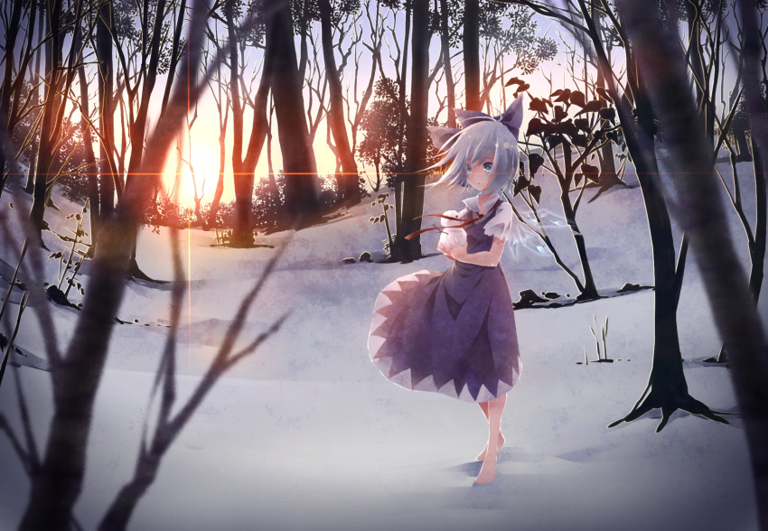 1girl barefoot blue_eyes blue_hair bow cirno dress forest full_body hair_bow highres holding ice ice_wings nature neck_ribbon outdoors ribbon short_hair short_sleeves snow snowman solo sun touhou toutenkou wind wings winter