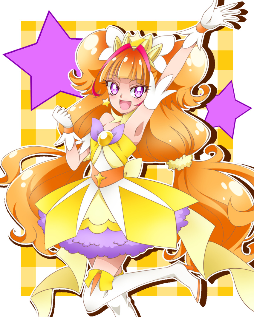 1girl :d amanogawa_kirara armpits bangs bare_shoulders blunt_bangs checkered checkered_background choker cure_twinkle earrings eyelashes frilled_skirt frills gloves go!_princess_precure hair_ornament highres jewelry long_hair looking_at_viewer low-tied_long_hair magical_girl multicolored_hair open_mouth orange_hair precure quad_tails skirt smile solo star star_earrings streaked_hair takayama_zeruda thigh-highs twintails two-tone_hair very_long_hair violet_eyes white_background white_gloves white_legwear zettai_ryouiki