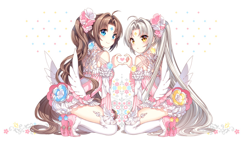 2girls ahoge blue_eyes blush brown_hair dress facial_mark forehead_mark heart heart_hands heart_hands_duo highres long_hair looking_at_viewer multiple_girls nardack original ponytail silver_hair simple_background smile thigh-highs very_long_hair white_background white_legwear wings yellow_eyes