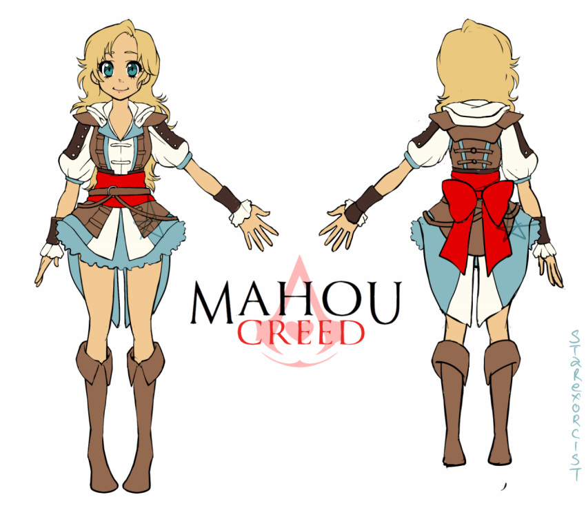 1girl artist_name ashley_ann_swaby assassin's_creed assassin's_creed_iv:_black_flag blonde_hair boots bow commentary copyright_name edward_kenway genderswap hood hood_down knee_boots long_hair magical_girl mahou_creed simple_background skirt smile solo standing watermark white_background