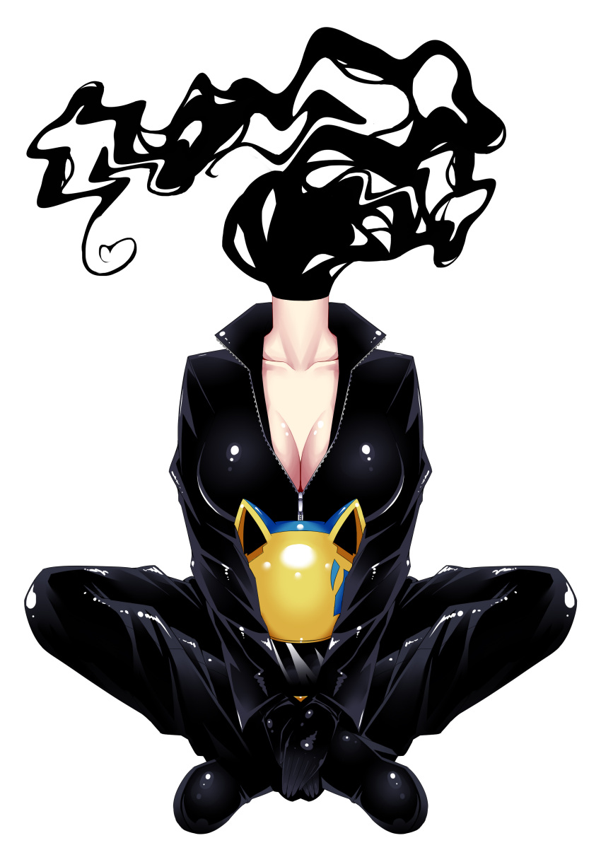 1girl absurdres animal_ears bodysuit breasts cat_ears celty_sturluson cleavage dullahan durarara!! headless helmet highres indian_style mizutsuki_rei shiny shiny_clothes simple_background sitting solo white_background