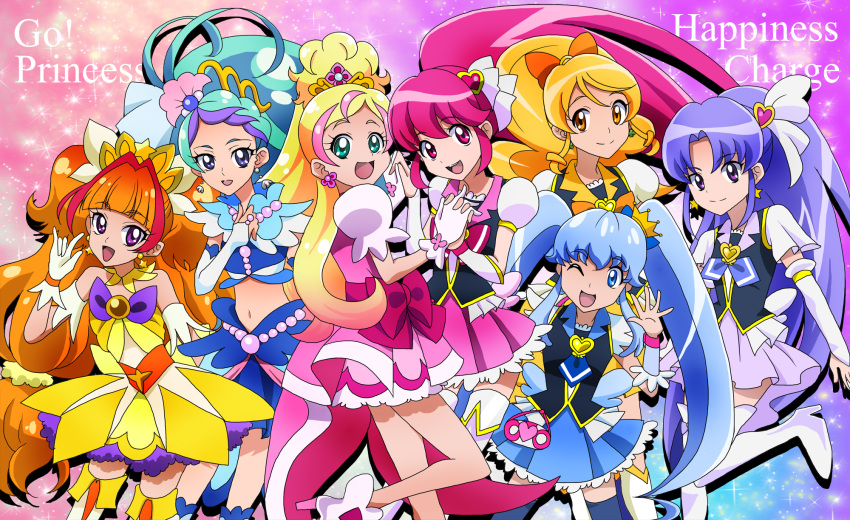 6+girls :d ;d aino_megumi amanogawa_kirara aqua_eyes bare_shoulders blonde_hair blue_eyes blue_hair blue_skirt boots bow choker crossover crown cure_flora cure_fortune cure_honey cure_lovely cure_mermaid cure_princess cure_twinkle earrings english frilled_skirt frills gloves go!_princess_precure hair_ornament hair_ribbon half_updo happinesscharge_precure! haruno_haruka heart_hair_ornament highres hikawa_iona holding_hands interlocked_fingers jewelry kaidou_minami long_hair looking_at_viewer magical_girl masako_(sabotage-mode) midriff multicolored_hair multiple_girls navel one_eye_closed oomori_yuuko open_mouth orange_hair pink_eyes pink_hair pink_skirt ponytail precure puffy_sleeves purple_hair quad_tails ribbon shirayuki_hime skirt smile star star_earrings streaked_hair text thigh-highs twintails two-tone_hair violet_eyes white_legwear wrist_cuffs yellow_eyes