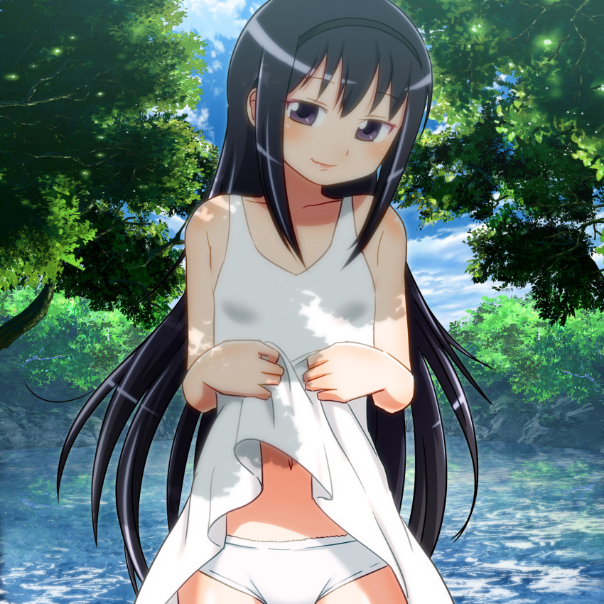 1girl akemi_homura black_hair dress dress_lift hairband highres long_hair looking_at_viewer mahou_shoujo_madoka_magica outdoors panties sat-c smile solo underwear violet_eyes white_dress white_panties