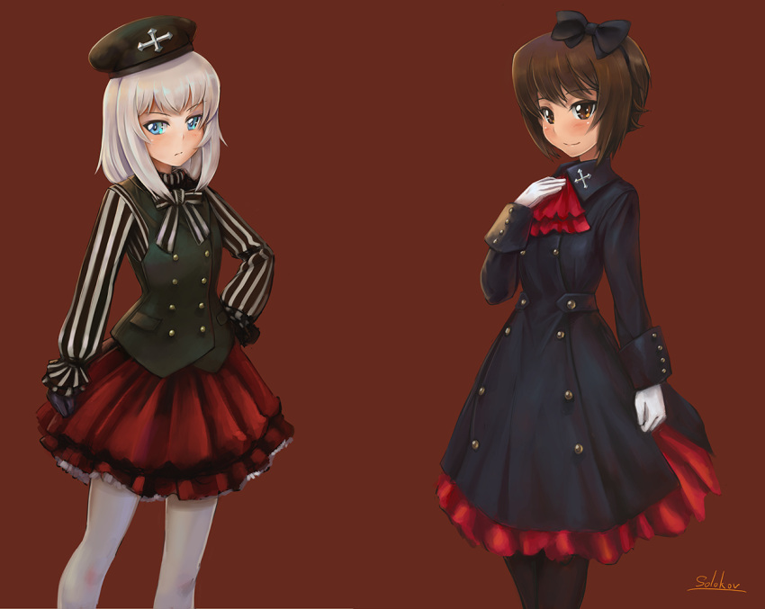 2girls alternate_costume aqua_eyes artist_name ascot black_gloves black_legwear blush bow brown_eyes brown_hair dress frilled_skirt frills girls_und_panzer gloves hair_bow hand_on_hip hand_on_own_chest hat itsumi_erika looking_at_viewer multiple_girls nishizumi_maho pantyhose red_background shirt signature silver_hair simple_background skirt smile striped striped_shirt vest white_gloves white_legwear