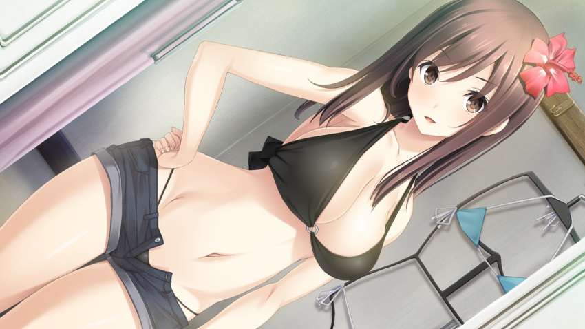 1girl artist_request bikini black_bikini breasts brown_eyes brown_hair cleavage contrapposto denim denim_shorts dressing_room dutch_angle flower game_cg hair_flower hair_ornament hand_on_hip haru_kiss large_breasts long_hair navel o-ring_bikini o-ring_top open_fly short_shorts shorts smile solo swimsuit unzipped