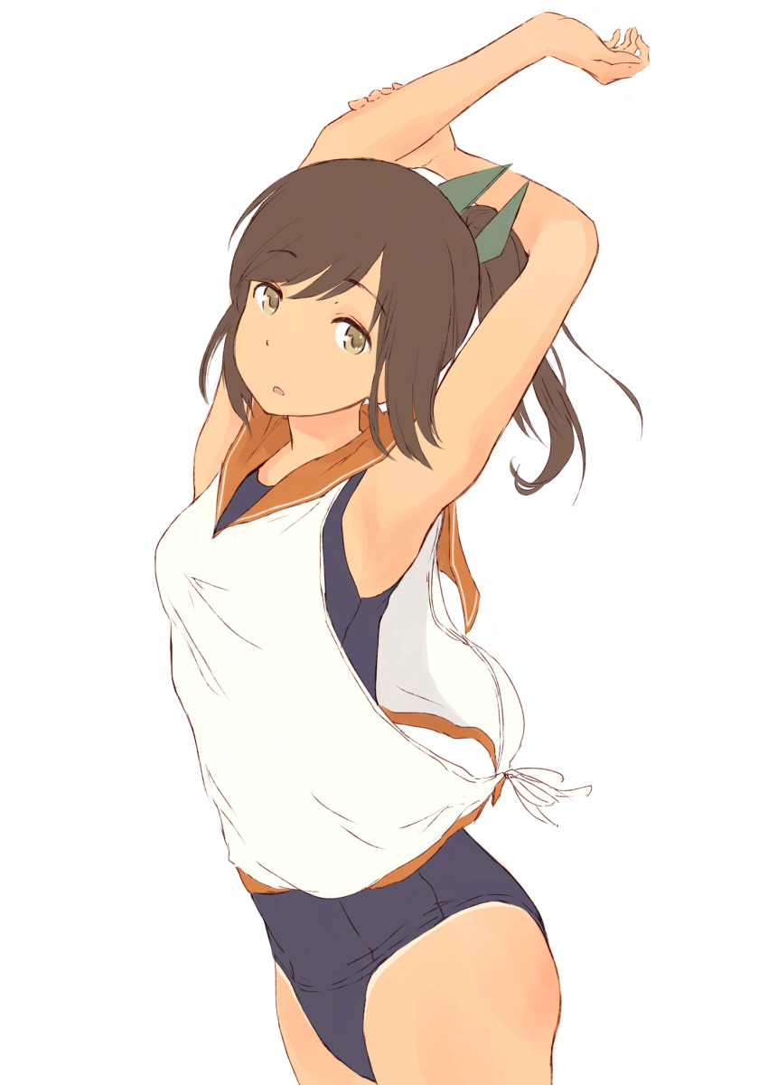 1girl absurdres armpits arms_up bare_shoulders brown_eyes brown_hair cowboy_shot dark_skin hair_ornament high_ponytail highres i-401_(kantai_collection) kantai_collection looking_at_viewer parted_lips sailor_collar school_swimsuit simple_background solo swimsuit swimsuit_under_clothes wa_(genryusui) white_background