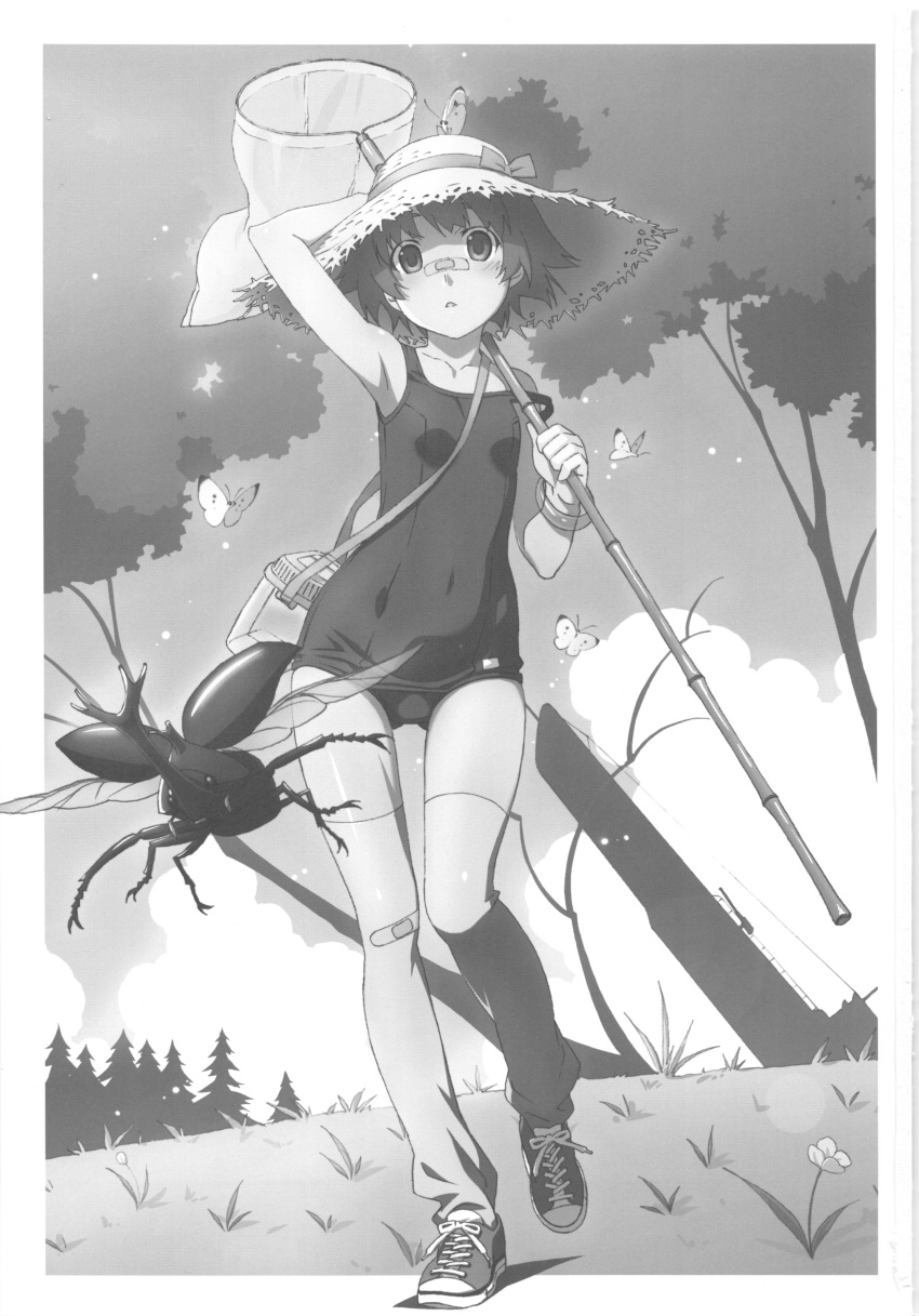 1girl absurdres arm_up armpits bandaid bandaid_on_knee bandaid_on_nose bracelet butterfly grass hat highres jewelry loose_thighhigh monochrome net ribbon school_swimsuit stag_beetle straw_hat submarine swimsuit tennis_shoes thigh-highs thigh_gap thighs tree watanabe_akio